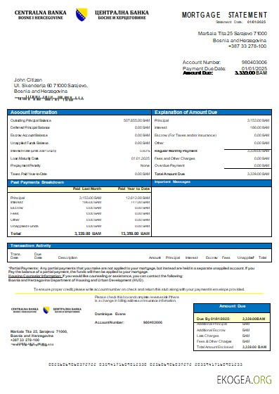 Relevé hypothécaire de la Banque centrale de Bosnie , Herzégovine scr